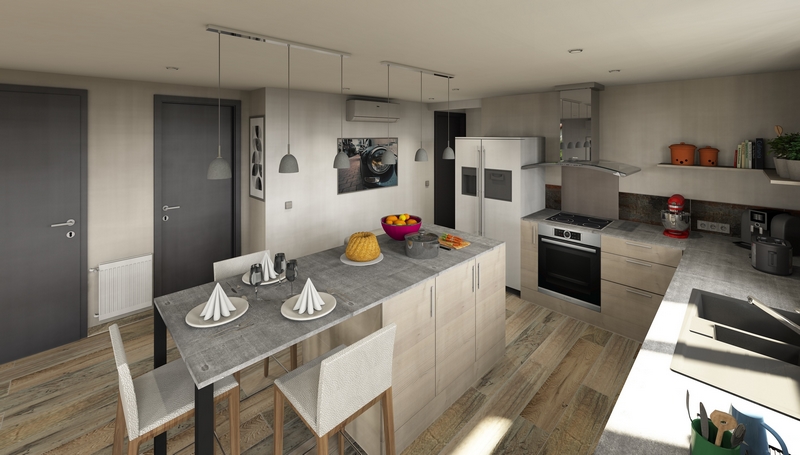 Coordination de travaux-Architecture d'intérieur-Projet 3D-Maison Familial-Perspectives 3D-Cuisine ouverte-Pitot-Parquets