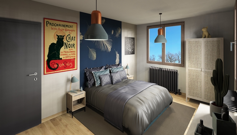 Coordination de travaux-Architecture d&rsquo;intérieur-Projet 3D-Relooking et Rénovation Maison Etage-Perspectives-Mercurol-Cordier-Chambre3 -Parquet